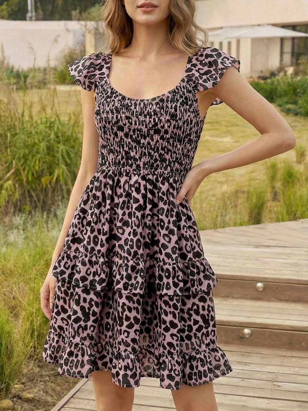 Women's Summer Dress Boho Leopard Smocked Ruffle Sun Beach Mini Swing Dress - Picture 2 of 5